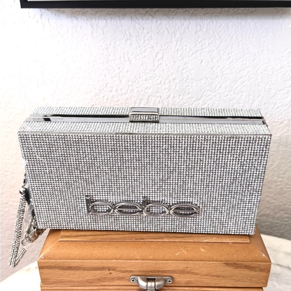 Bebe silver,rhinestone,embellished,Rectangular hard case clutch,crossbody,trendy
